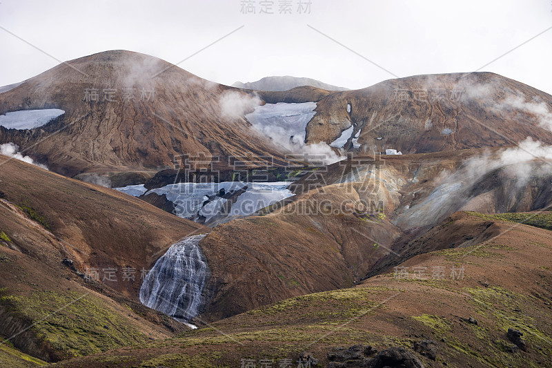 View mountain valley with snow, waterfall, moss an