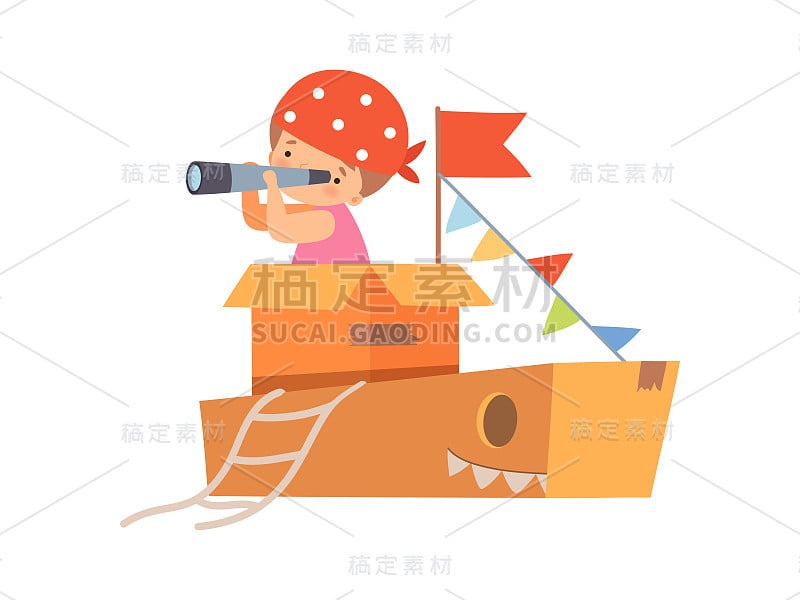 Creative Kid Character Playing Ship Made of Cardbo