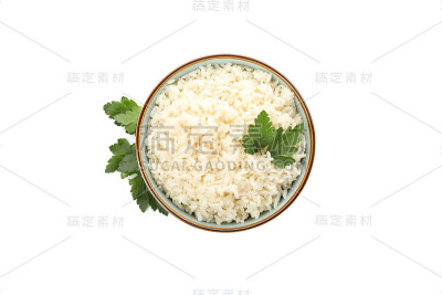 碗，米饭和欧芹孤立在白色背景上