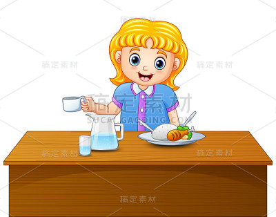 可爱的金发女孩在餐桌上吃饭