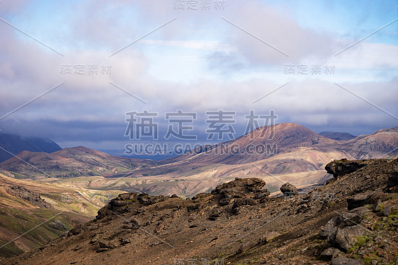 View mountain valley with green hills, river strea