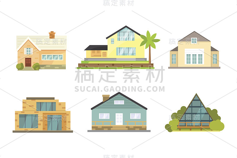 别墅和各种房地产建筑图标。新卡通风格的住宅收藏