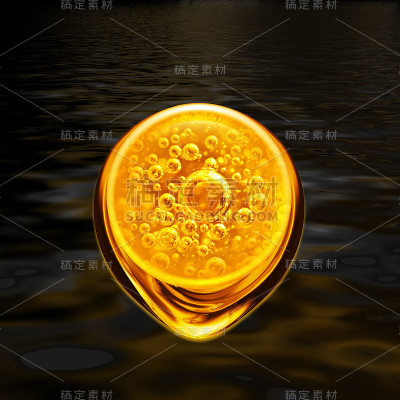 气泡油在一个大的油泡和金色流动在黑色的油背景。