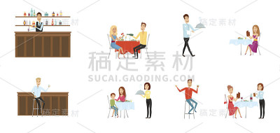 在餐厅和酒吧的一组人。扁平和卡通风格。不同的背景。矢量插图。