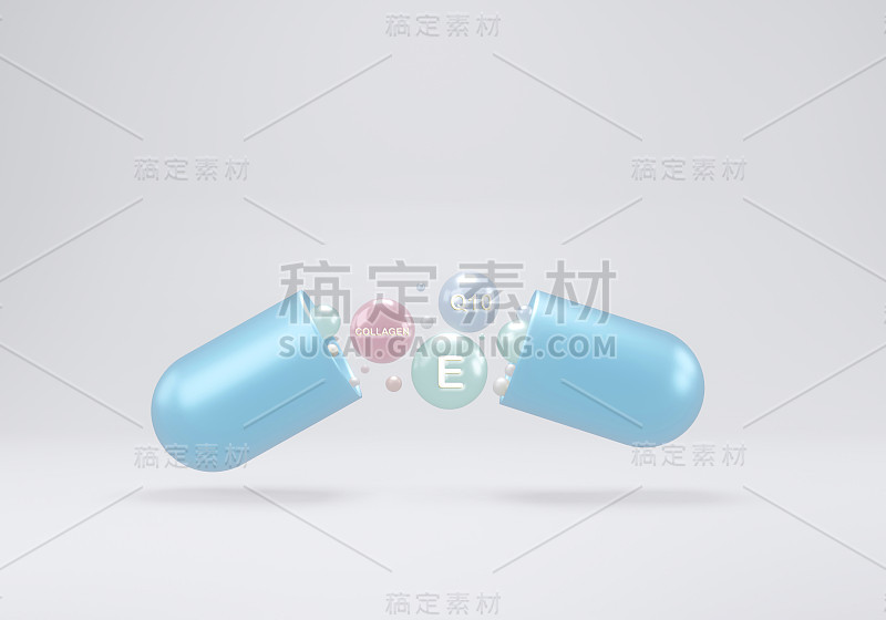 蓝色胶囊，富含胶原蛋白、维生素E和天然提取物。食品补充剂品牌概念白色孤立背景与复制空间3d渲染。