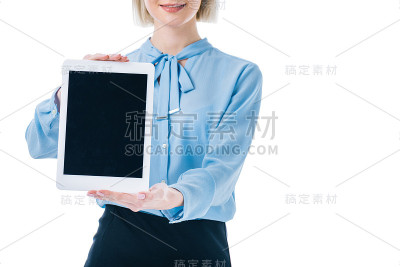 女商人展示黑屏平板电脑