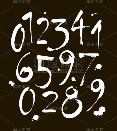 一套丙烯酸书法或墨水数字。ABC为您的设计，笔刷字母在黑色的背景与斑点