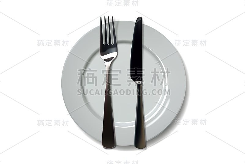 Empty plate with knife and fork on a white backgro