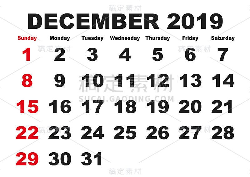 12月日历2019年美国英语