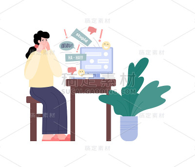 有女孩收到负面信息的网络欺凌，平面矢量图。