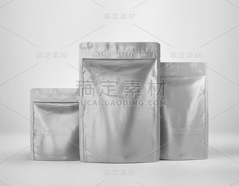 白色站立铝箔袋模型模板，空白食品咖啡doypack, 3d渲染孤立在光背景