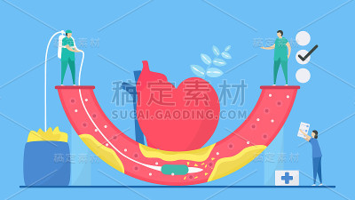 心脏病矢量插图。动脉粥样硬化是一种在动脉内形成斑块的疾病。由于脂肪、胆固醇和钙，血管又窄又硬。