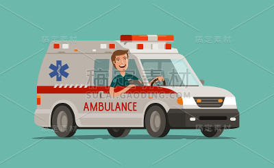 快乐的医生上了车。救护车服务、急救护理、医院理念。医学矢量图