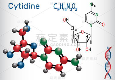 胞苷-嘧啶核苷分子是RNA的重要组成部分。结构化学式和分子模型