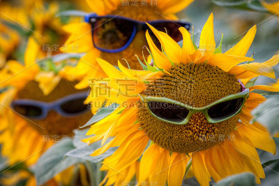 地里有三棵带着太阳镜的向日葵
