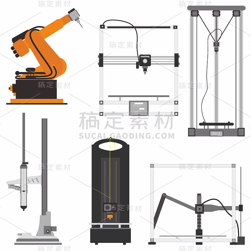 现代平面图标3D打印机集不同类型，如笛卡尔3D打印机，德尔塔3D打印机，极地打印机，scara打印机