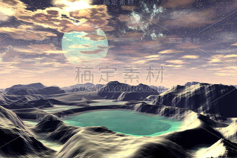 Alien Planet. Mountain and  water. 3D rendering