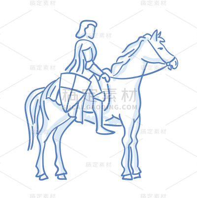 中世纪马背上的骑士标志。线素描。股票向量。历史插图。