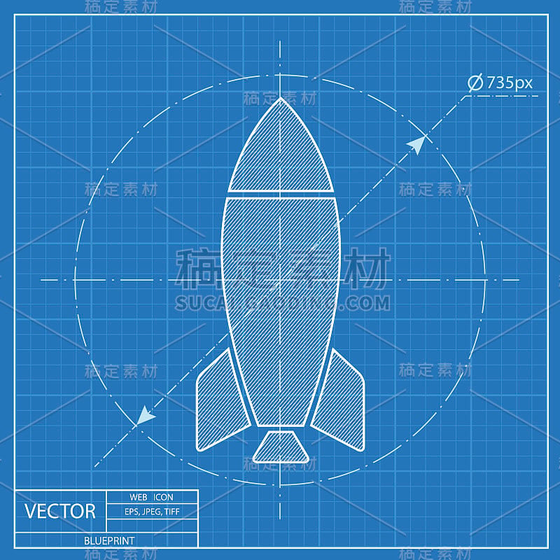 矢量白色火箭图标孤立在蓝色背景