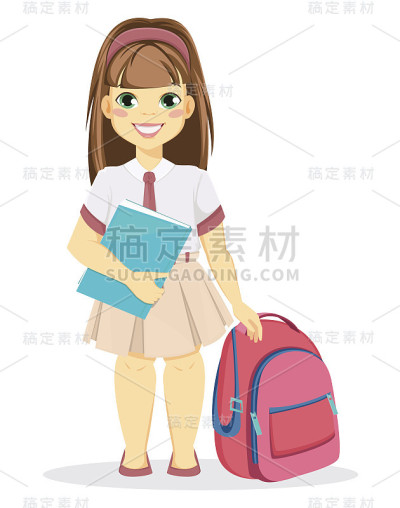 背着书包和课本的女学生。