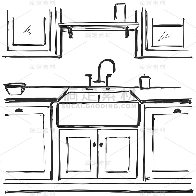 厨房家具草图。手绘室内