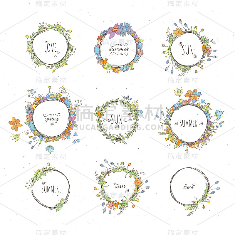 乡村手绘花卉元素集。矢量花涂鸦，树枝，花，月桂和框架。