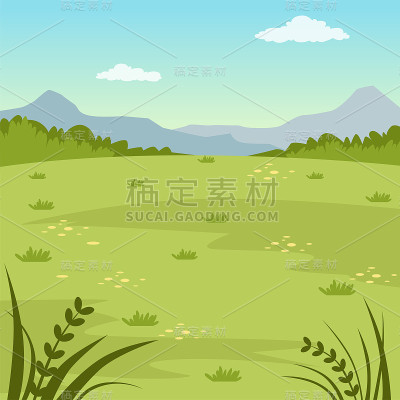 绿色田野，乡村夏季景观，自然背景矢量插图