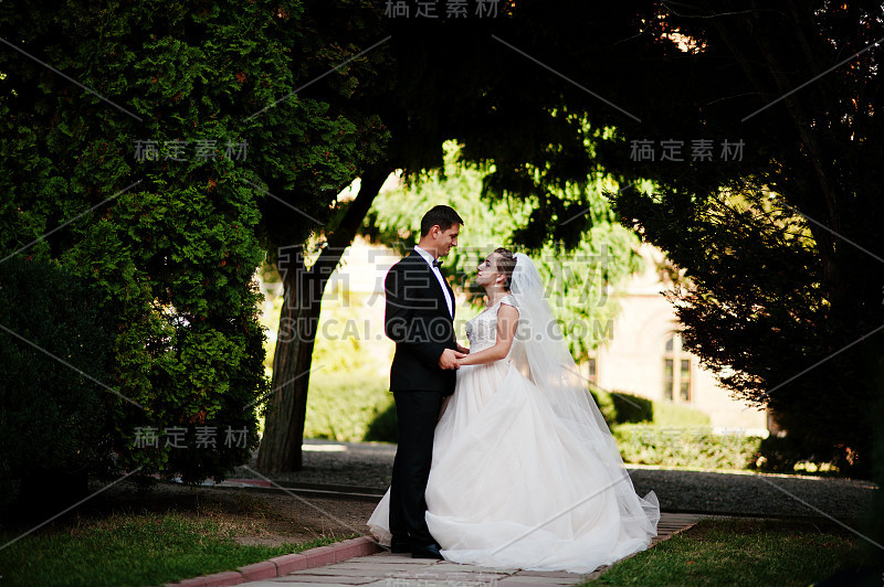 一对奇妙的新婚夫妇在他们的婚礼当天在公园散步。