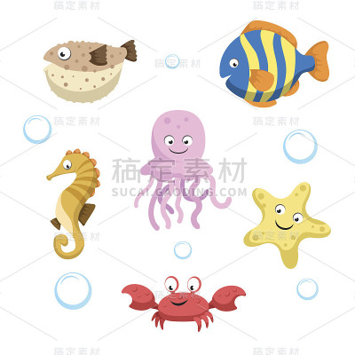 矢量可爱不同的海洋和海洋动物设置。孤立的矢量图。彩色鱼，海马，水母，海星，螃蟹和河豚。