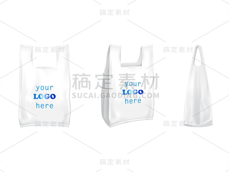 塑料t恤购物袋矢量隔离3D现实白色空白包装与处理模板品牌