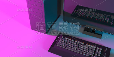 霓虹粉色灯光下的黑色电脑
