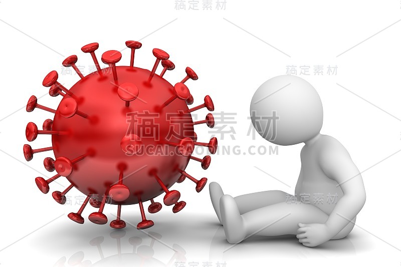 Covid-19冠状病毒红色标志症状标志抽象符号疾病大流行图标卫生保健白色坐着生病生病的棒状人物3d