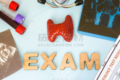 内分泌科检查-甲状腺检查及检查图。甲状腺解剖模型周围医疗、实验室检查(MRI、超声)、设备及检查结果