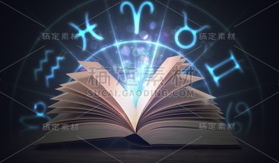 打开上面有十二星座的闪亮的占星书。3 d渲染插图。