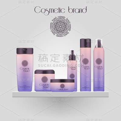 一套逼真的渐变颜色化妆瓶。3D模型瓶孤立的白色背景。化妆品包。
