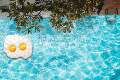 池浮，环浮在清爽的蓝色游泳池与棕榈叶的影子在水中。俯视图