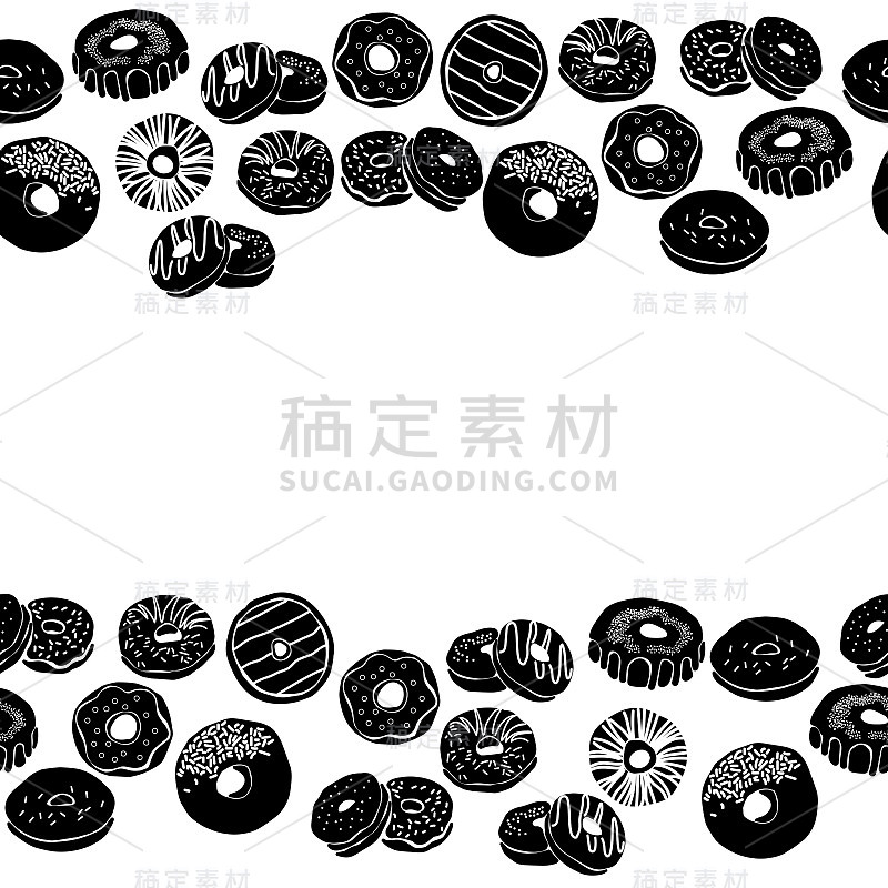 甜甜圈剪影横向边框，圆形糕点装饰框架与各种装饰设计