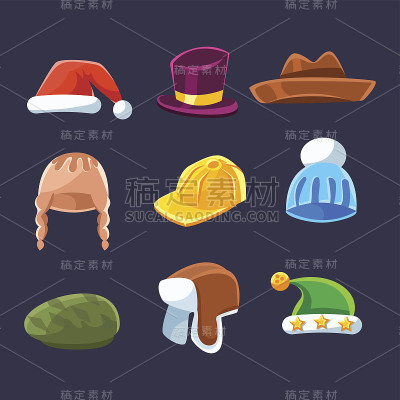 不同类型的帽子和帽子，温暖和Classy的儿童和成人卡通色彩矢量服装项目
