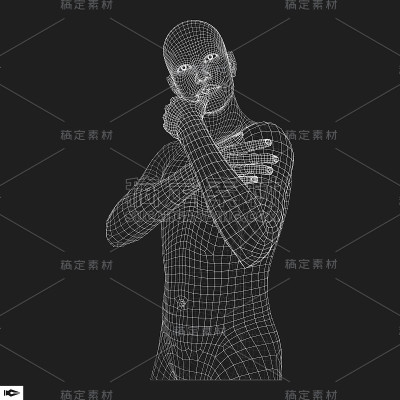 人在一个思考者的姿势。三维模型的人。几何设计。商业，科学，心理学或哲学矢量插图。