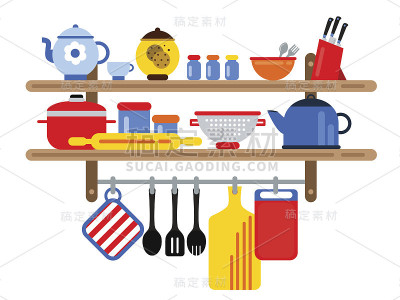 厨房架子上的烹饪和餐厅设备。矢量插图在平面风格