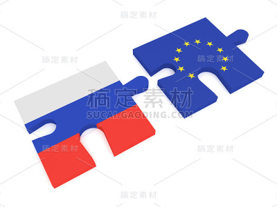 俄罗斯和欧盟:拼图俄罗斯和欧盟国旗，插图