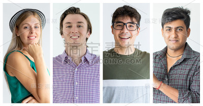 这是一幅正面的年轻工人看着照相机的拼贴画