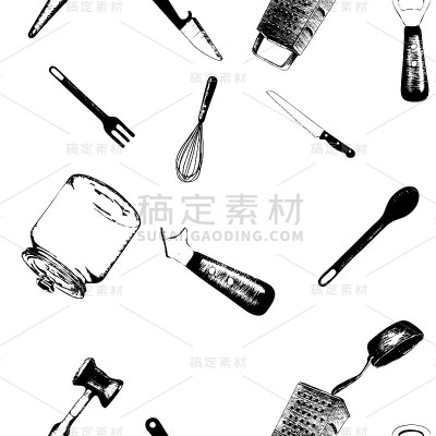 烹饪用具和厨房工具-无缝背景涂鸦矢量。