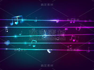 矢量氖光音乐音符在深蓝色的背景。