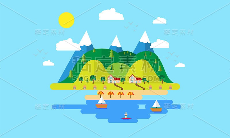 平面设计岛有山、度假村和海滩，鸟在天空中飞翔，平面概念