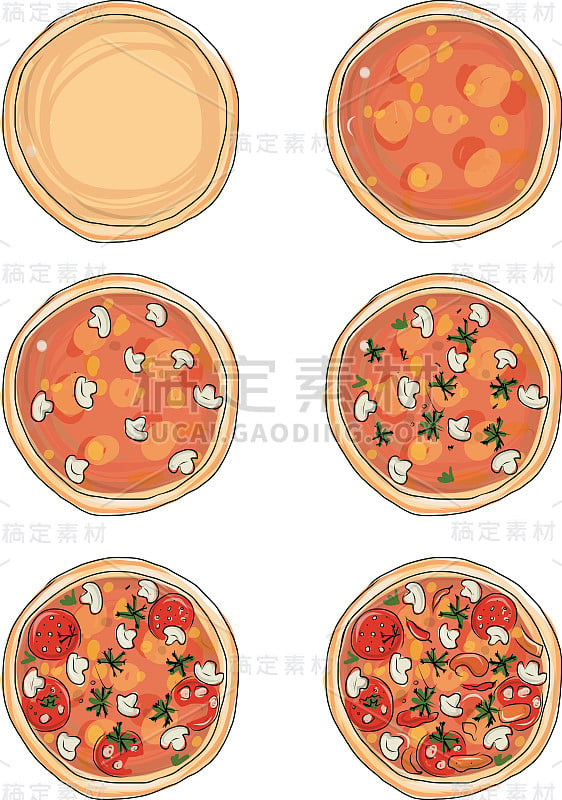 烹饪披萨的各个阶段，为你的设计画草图