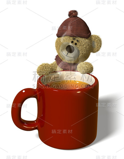尼熊站在一杯热气腾腾的茶后。