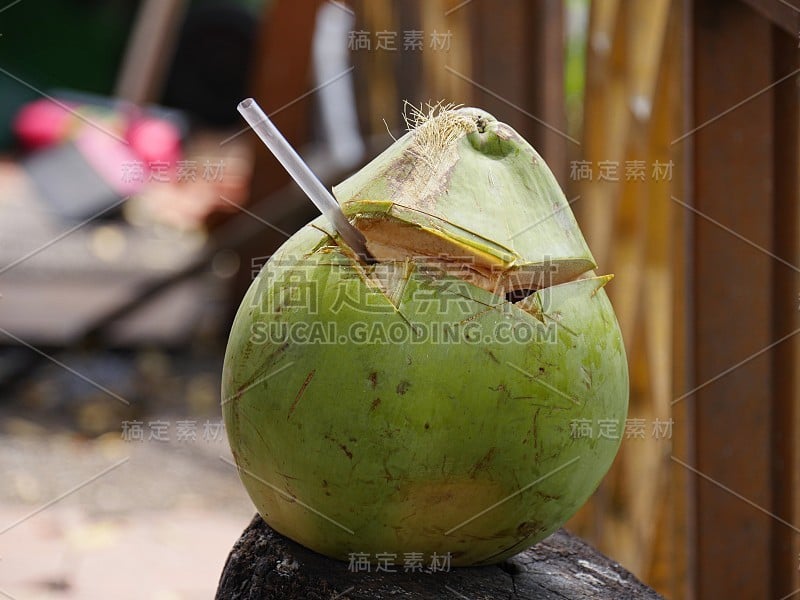 新鲜的椰汁从椰子水果与吸管