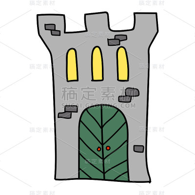 卡通线性涂鸦复古城堡孤立的白色背景。矢量插图。