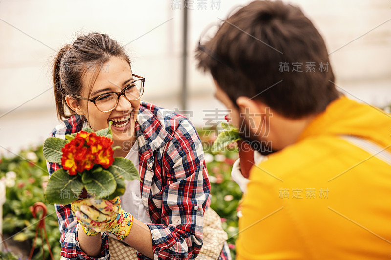 年轻幸福的夫妇蹲在苗圃里，捧着花盆里的花。它们的主人。